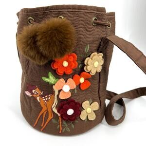 Disney Parks Bambi Quilted Embroidered Bucket Bag Purse Pom Pom Flower Applique
